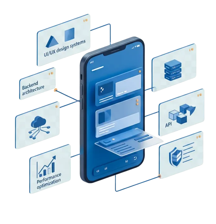 Mobile app with UI/UX design, backend architecture, API and performance layers