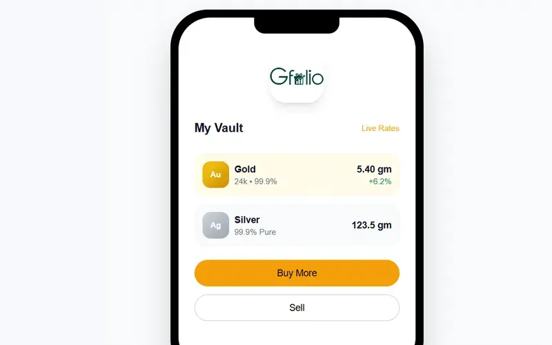 Gfolio app — My Vault screen with gold and silver holdings